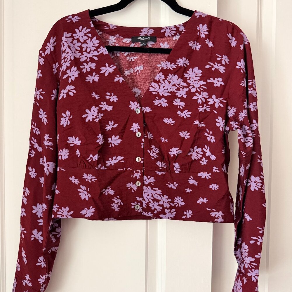 Madewell V-Neck Button-Front Floral Cropped Shirt